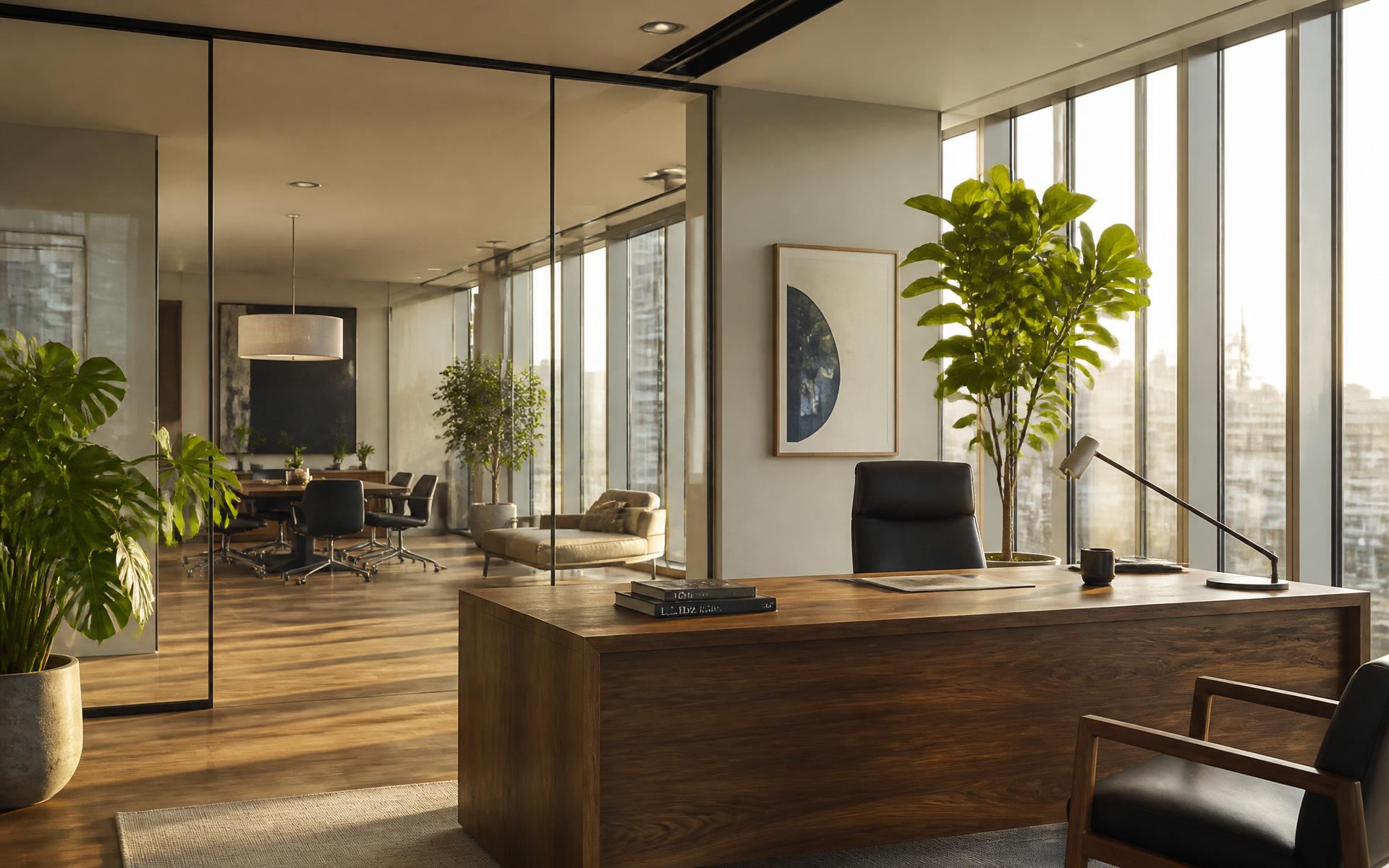 Executive Scandinavian workspace with floor-to-ceiling windows, walnut desk and morning light